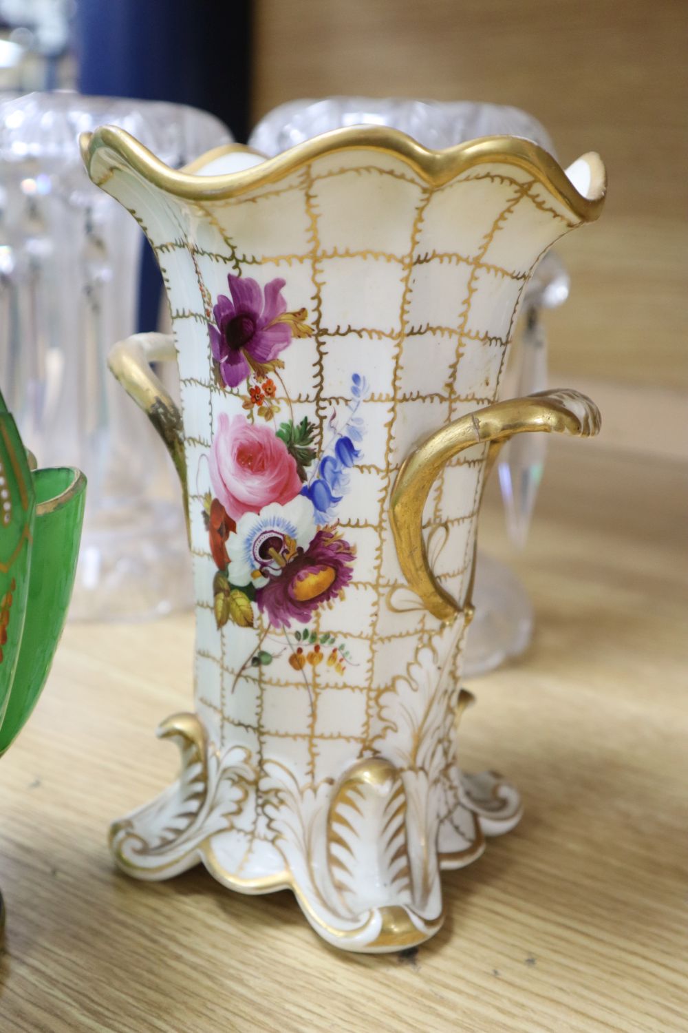 A pair of Victorian cut glass lustres, a pair of lidded glass jars, a basket and a porcelain vase